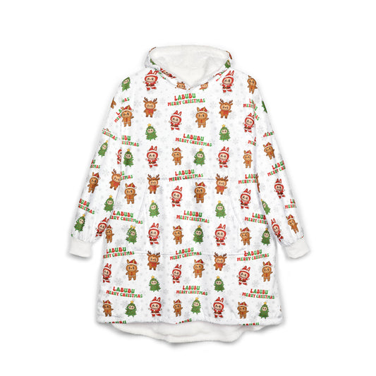 Labubu Christmas Hooded Blanket: Soft Polyester Fleece, Kangaroo Pocket