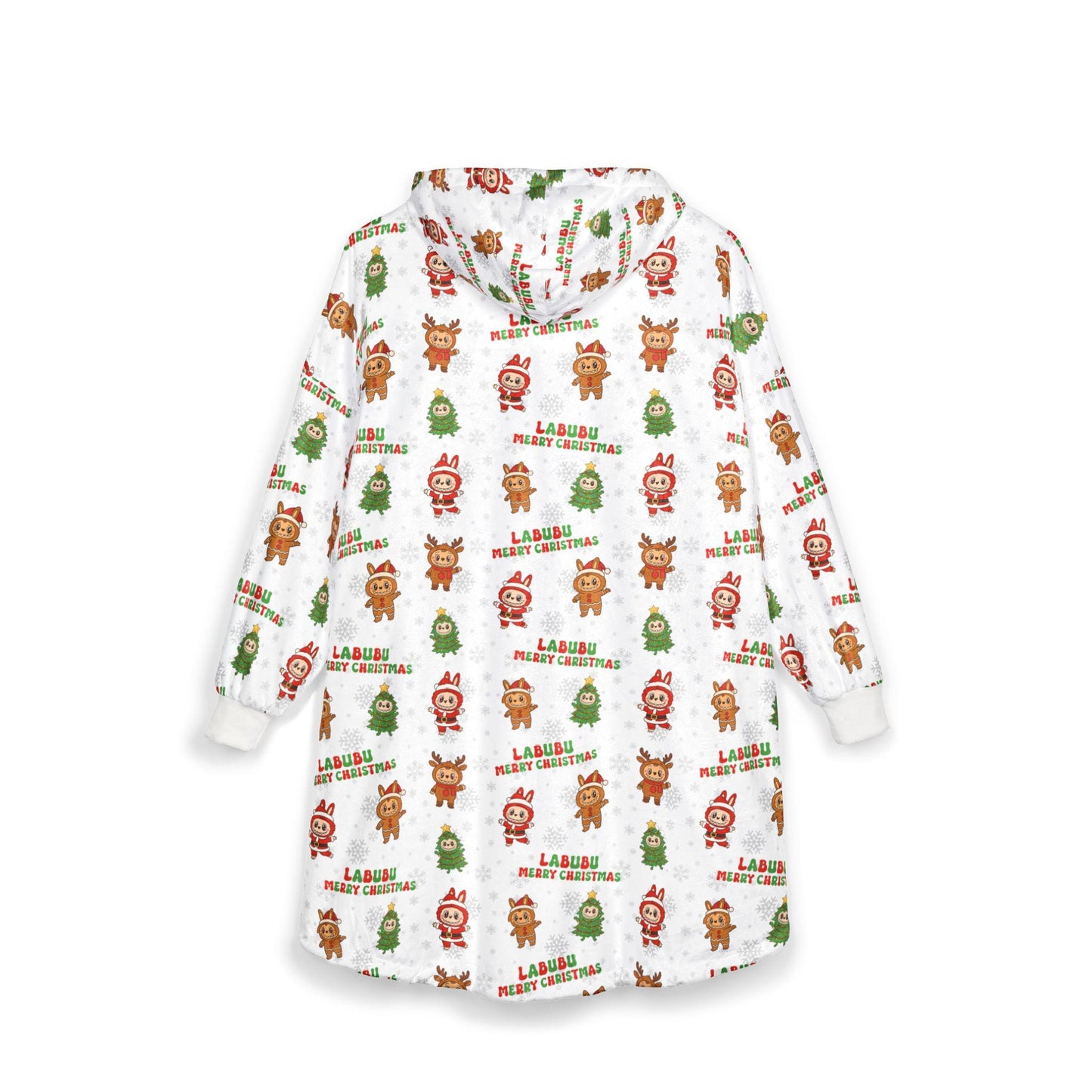 Labubu Christmas Hooded Blanket: Soft Polyester Fleece, Kangaroo Pocket