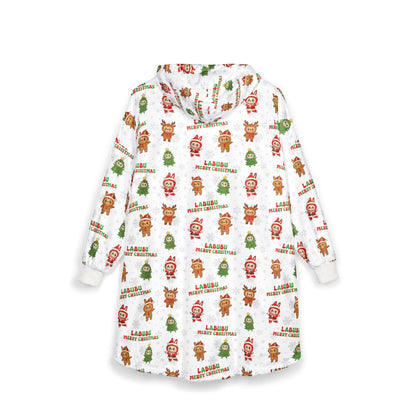 Labubu Christmas Hooded Blanket: Soft Polyester Fleece, Kangaroo Pocket