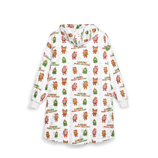 Labubu Christmas Hooded Blanket: Soft Polyester Fleece, Kangaroo Pocket