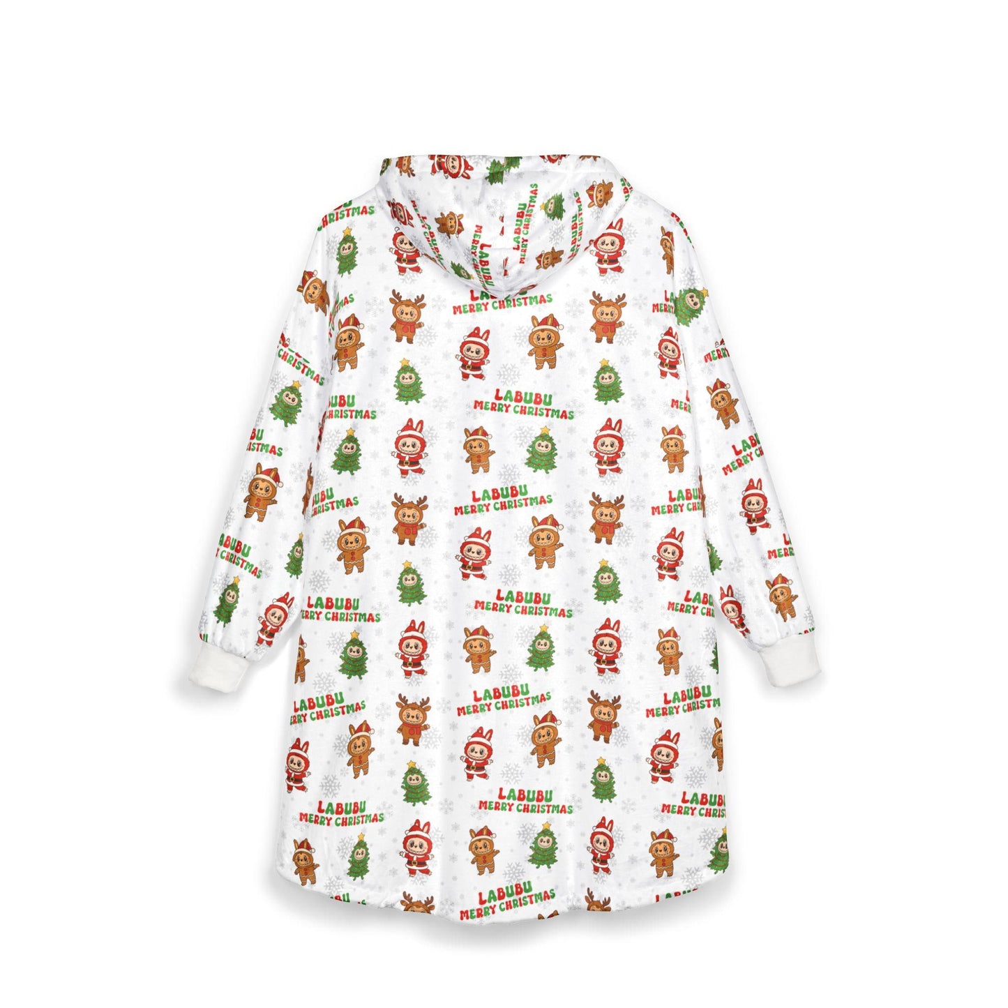 Labubu Christmas Hooded Blanket: Soft Polyester Fleece, Kangaroo Pocket