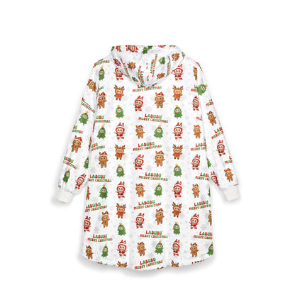 Labubu Christmas Hooded Blanket: Soft Polyester Fleece, Kangaroo Pocket
