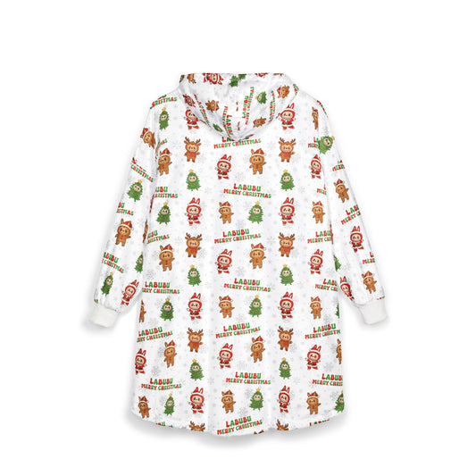 Labubu Christmas Hooded Blanket: Soft Polyester Fleece, Kangaroo Pocket