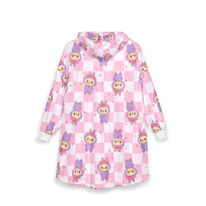 Labubu Hooded Blanket: Soft Polyester Fleece, Kangaroo Pocket