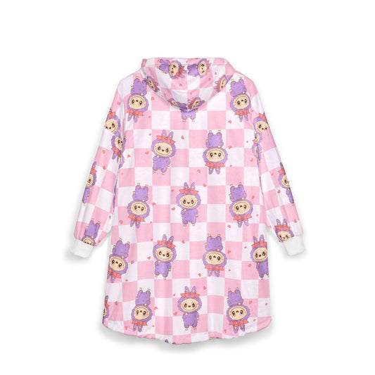 Labubu Hooded Blanket: Soft Polyester Fleece, Kangaroo Pocket