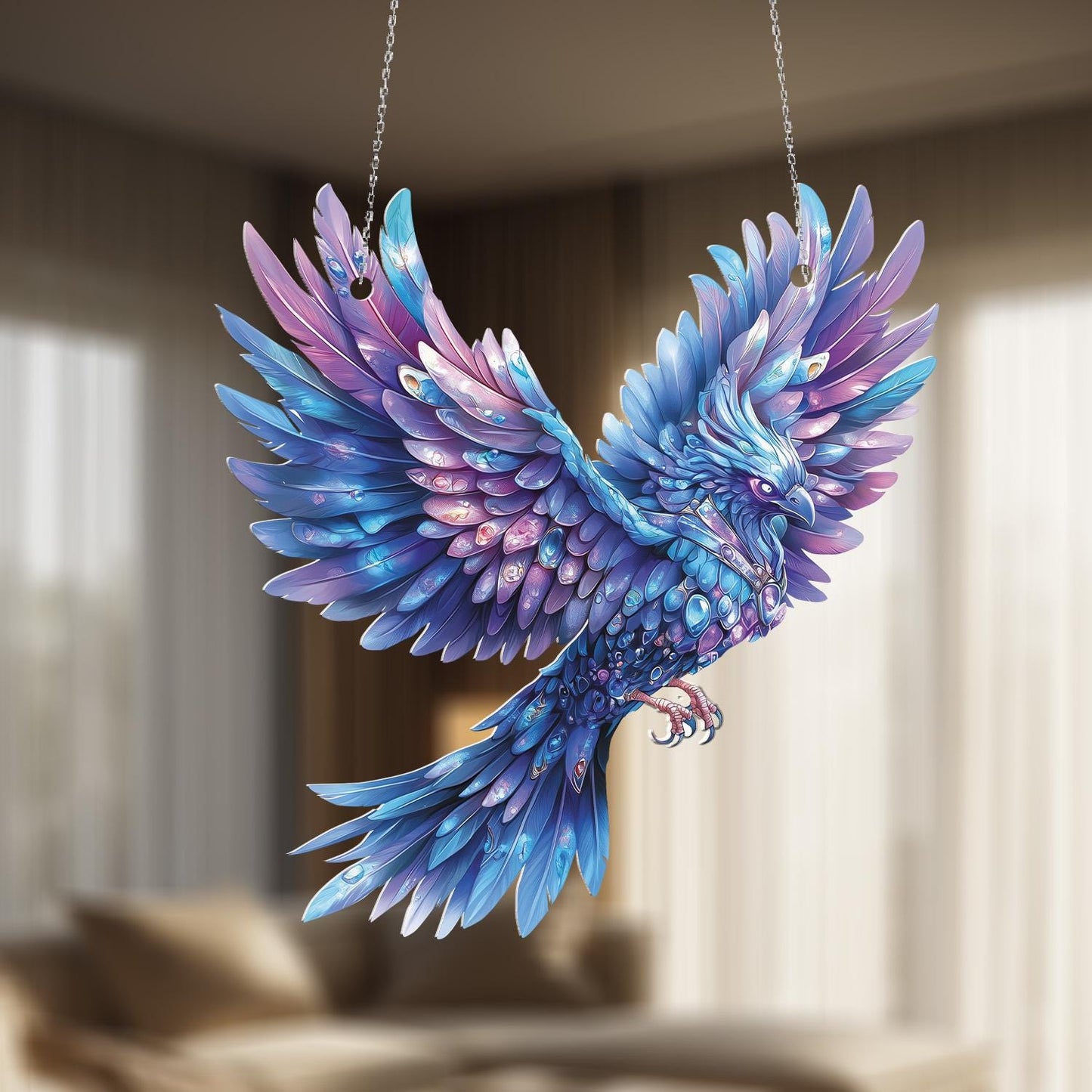 Beautiful Blue & Purple Phoenix Bird Window Hanging Decoration – Vibrant Stained Art Ornament for Home or Gift