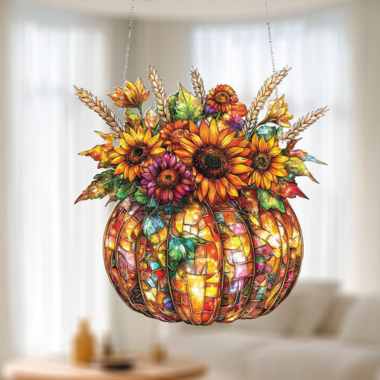 Vibrant Pumpkin and Sunflower Window Hanging Decoration – Colorful Autumn Harvest Ornament for Seasonal Home or Gift