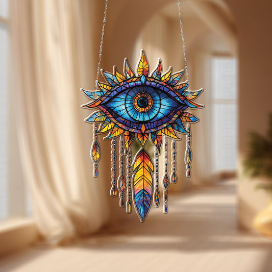 Colorful Boho Eye with Feathers Window Hanging – Vibrant Spiritual Ornament for Home Décor, Protection Symbol, and Unique Gift