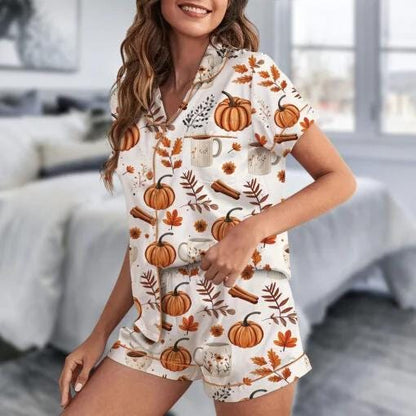 Pumpkin Spice Fall Satin Pajamas Set  Pajamas Set