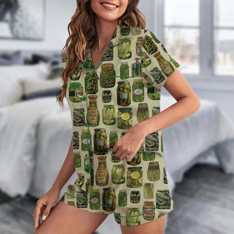 Dill Pickle Collage Satin Pajama Set For Women  Pajamas Set