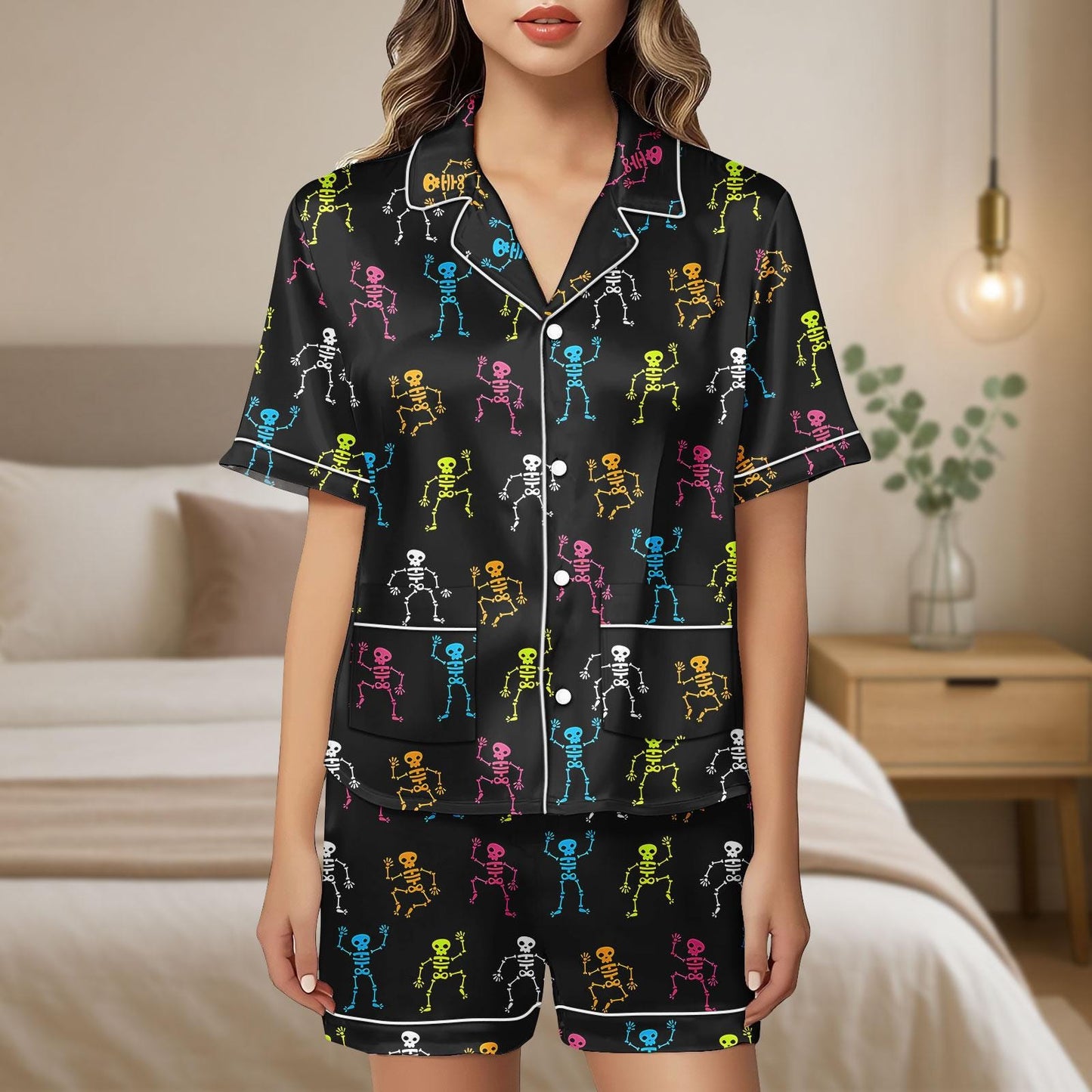 Halloween Skeleton Satin Pajamas, Skeleton Satin Pajamas Shorts, Spooky Pajamas, Halloween Sleepwear, Unisex Skeleton Pjs, Gift For Her