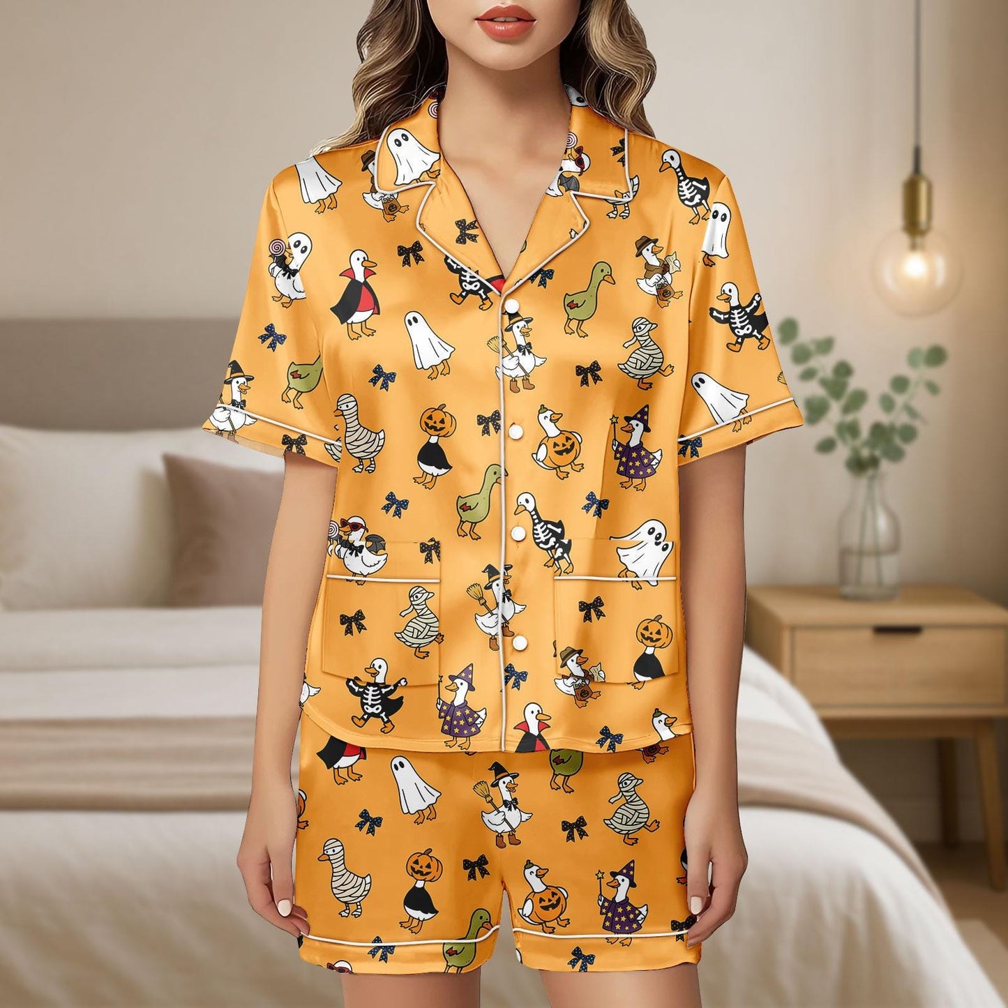 Halloween Duck Ghost Pumpkin Pajamas, Cute Ghost Pajama Shorts, Spooky Satin Sleepwear, Halloween Lounge Set, Pumpkin Halloween Gift