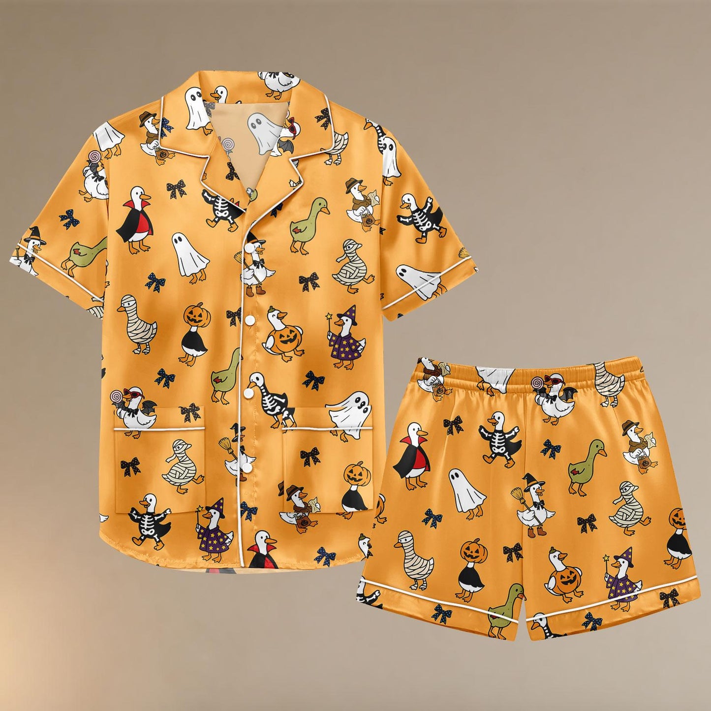 Halloween Duck Ghost Pumpkin Pajamas, Cute Ghost Pajama Shorts, Spooky Satin Sleepwear, Halloween Lounge Set, Pumpkin Halloween Gift