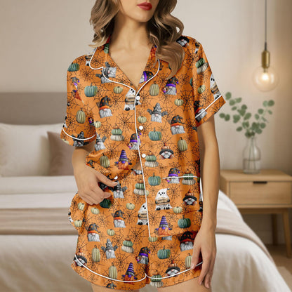 Halloween Gnome Pumpkin Satin Pajamas, Cute Halloween Pajama Shorts, Satin Sleepwear, Autumn Lounge Set, Spooky Pumpkin Pjs Set