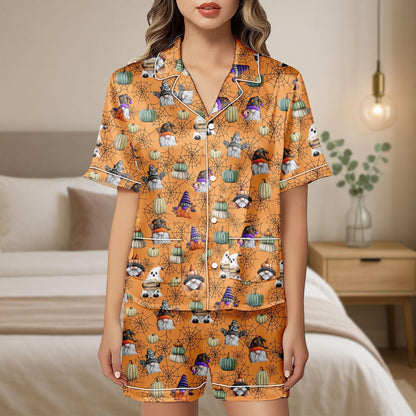 Halloween Gnome Pumpkin Satin Pajamas, Cute Halloween Pajama Shorts, Satin Sleepwear, Autumn Lounge Set, Spooky Pumpkin Pjs Set