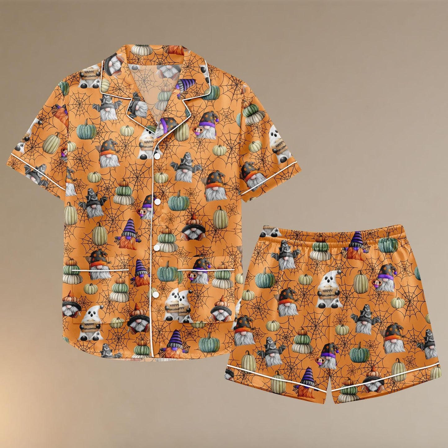 Halloween Gnome Pumpkin Satin Pajamas, Cute Halloween Pajama Shorts, Satin Sleepwear, Autumn Lounge Set, Spooky Pumpkin Pjs Set
