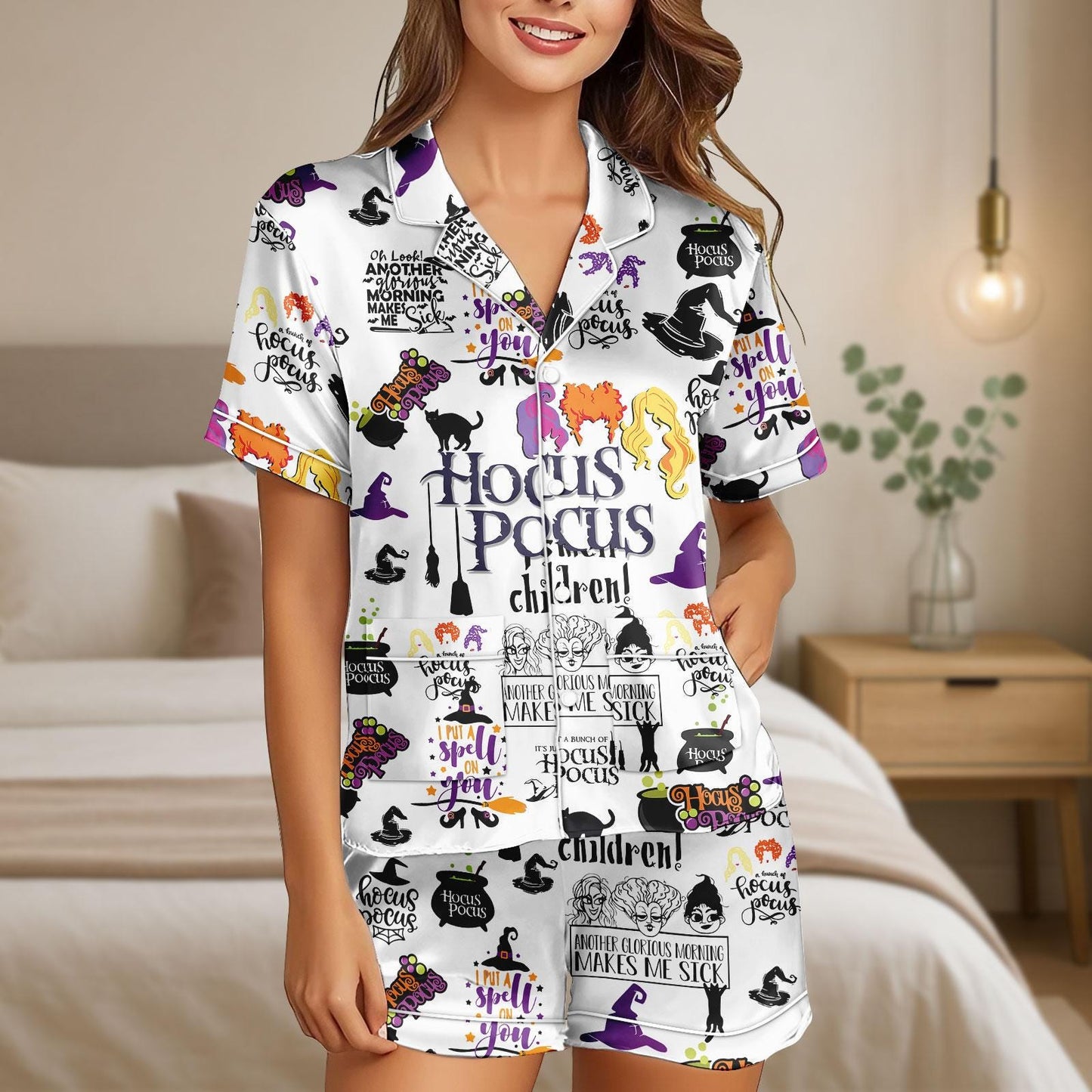 Hocus Pocus Satin Pajamas, Halloween Movie Pajama Shorts, Witch Satin Sleepwear, Spooky Satin Lounge Set, Costume Halloween Pjs