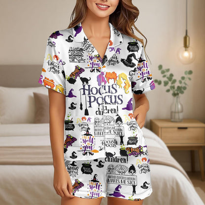 Hocus Pocus Satin Pajamas, Halloween Movie Pajama Shorts, Witch Satin Sleepwear, Spooky Satin Lounge Set, Costume Halloween Pjs