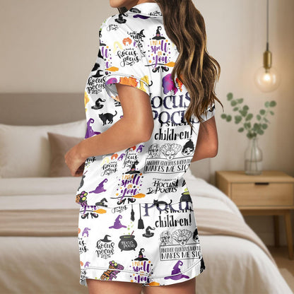 Hocus Pocus Satin Pajamas, Halloween Movie Pajama Shorts, Witch Satin Sleepwear, Spooky Satin Lounge Set, Costume Halloween Pjs