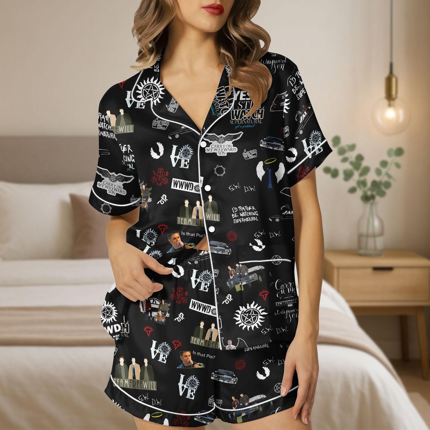 Supernatural Satin Pajamas Shorts, TV Show Pajama Set, Halloween Sleepwear, Fandom Satin Lounge Set, Cosplay Pajamas for Adults