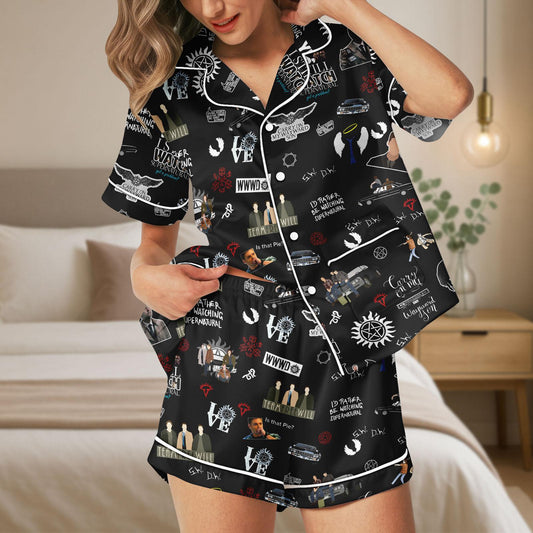 Supernatural Satin Pajamas Shorts, TV Show Pajama Set, Halloween Sleepwear, Fandom Satin Lounge Set, Cosplay Pajamas for Adults