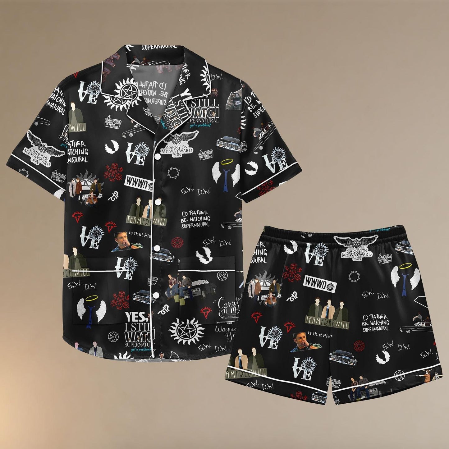 Supernatural Satin Pajamas Shorts, TV Show Pajama Set, Halloween Sleepwear, Fandom Satin Lounge Set, Cosplay Pajamas for Adults