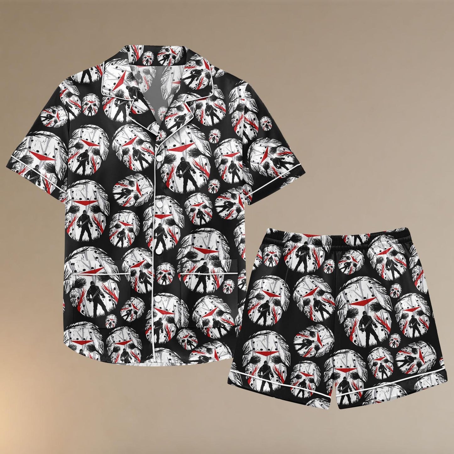 Halloween Horror Satin Pajama Set, Jason Mask Pajamas, Scary Movie Sleepwear, Friday the 13th Pajama Set, Spooky Halloween PJs