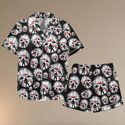 Halloween Horror Satin Pajama Set, Jason Mask Pajamas, Scary Movie Sleepwear, Friday the 13th Pajama Set, Spooky Halloween PJs