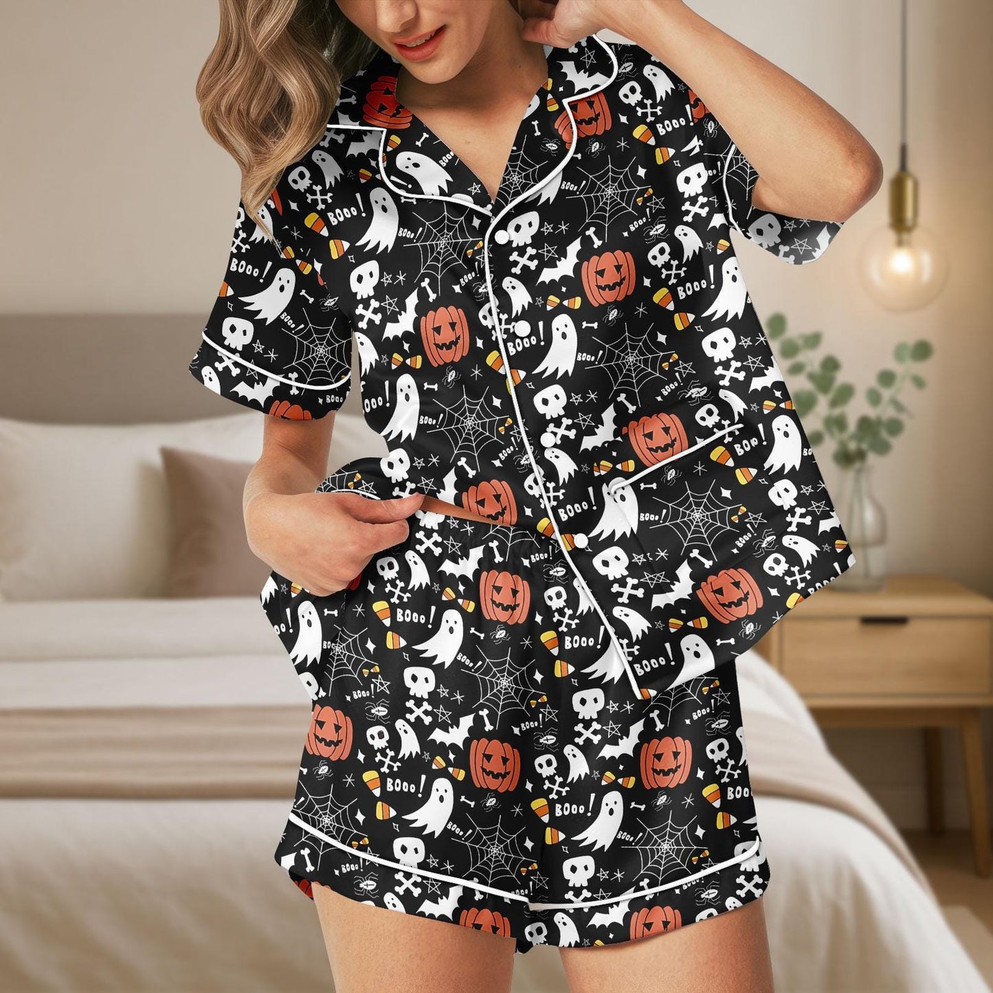 Cute Halloween Ghost Pumpkin Satin Pajama Shorts, Spooky Spider Web Sleepwear, Fall Pumpkin PJs, Women’s Halloween Pajama Shorts Set