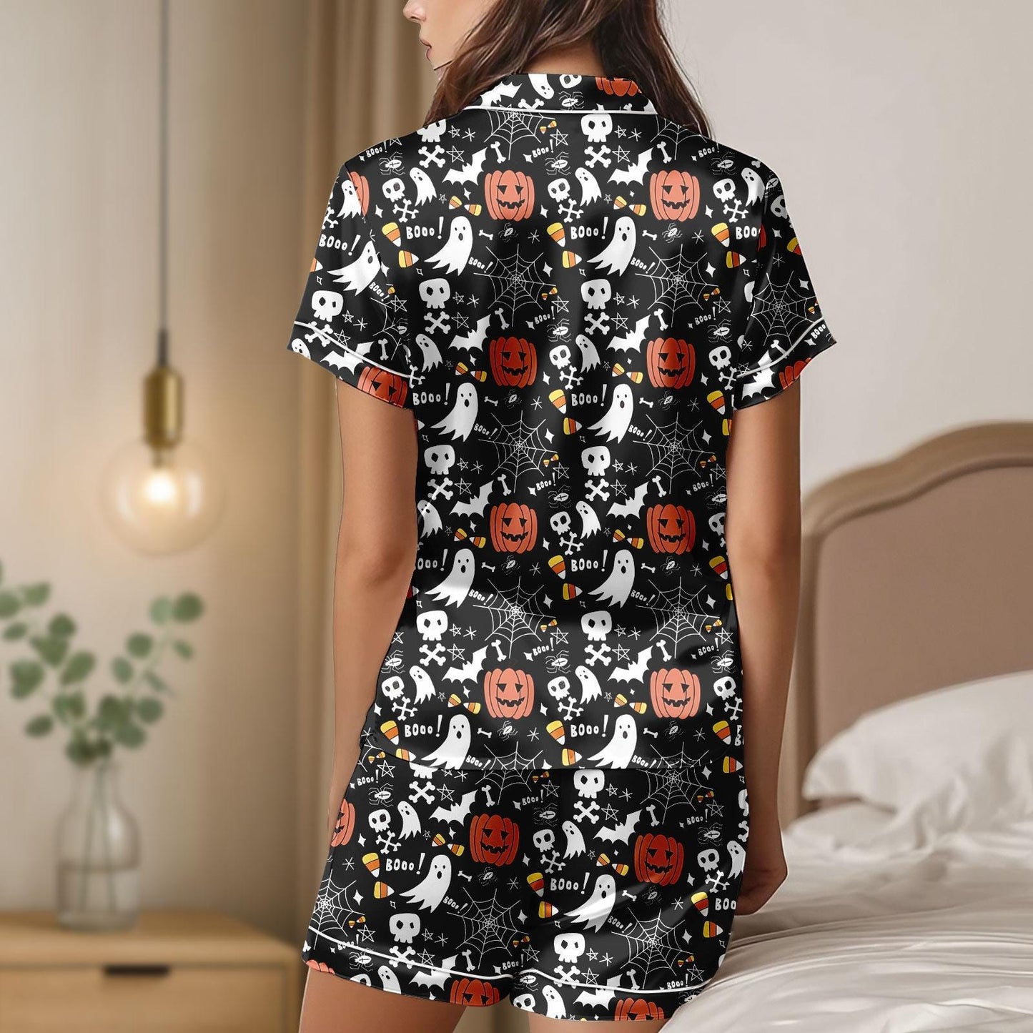 Cute Halloween Ghost Pumpkin Satin Pajama Shorts, Spooky Spider Web Sleepwear, Fall Pumpkin PJs, Women’s Halloween Pajama Shorts Set