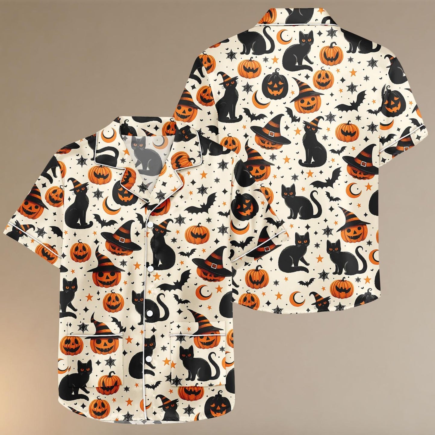 Black Cat Pumpkin Halloween Satin Pajama Set, Witches Hat Sleepwear, Cute Spooky Fall PJs, Women’s Halloween Nightwear, Cozy Lounge Set