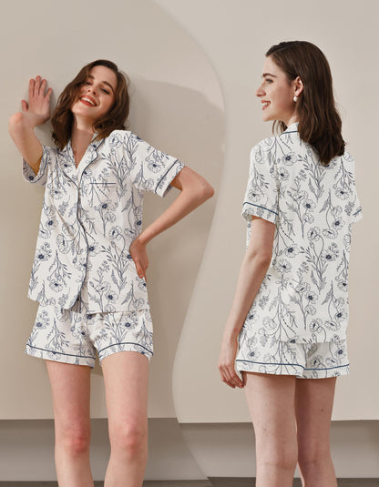 Women’s 100% Cotton Pajama Set 2 Piece Loungewear – Soft Button Down Sleepwear Printed Shorts with Pockets | Summer Nightwear | Size XS–XXL