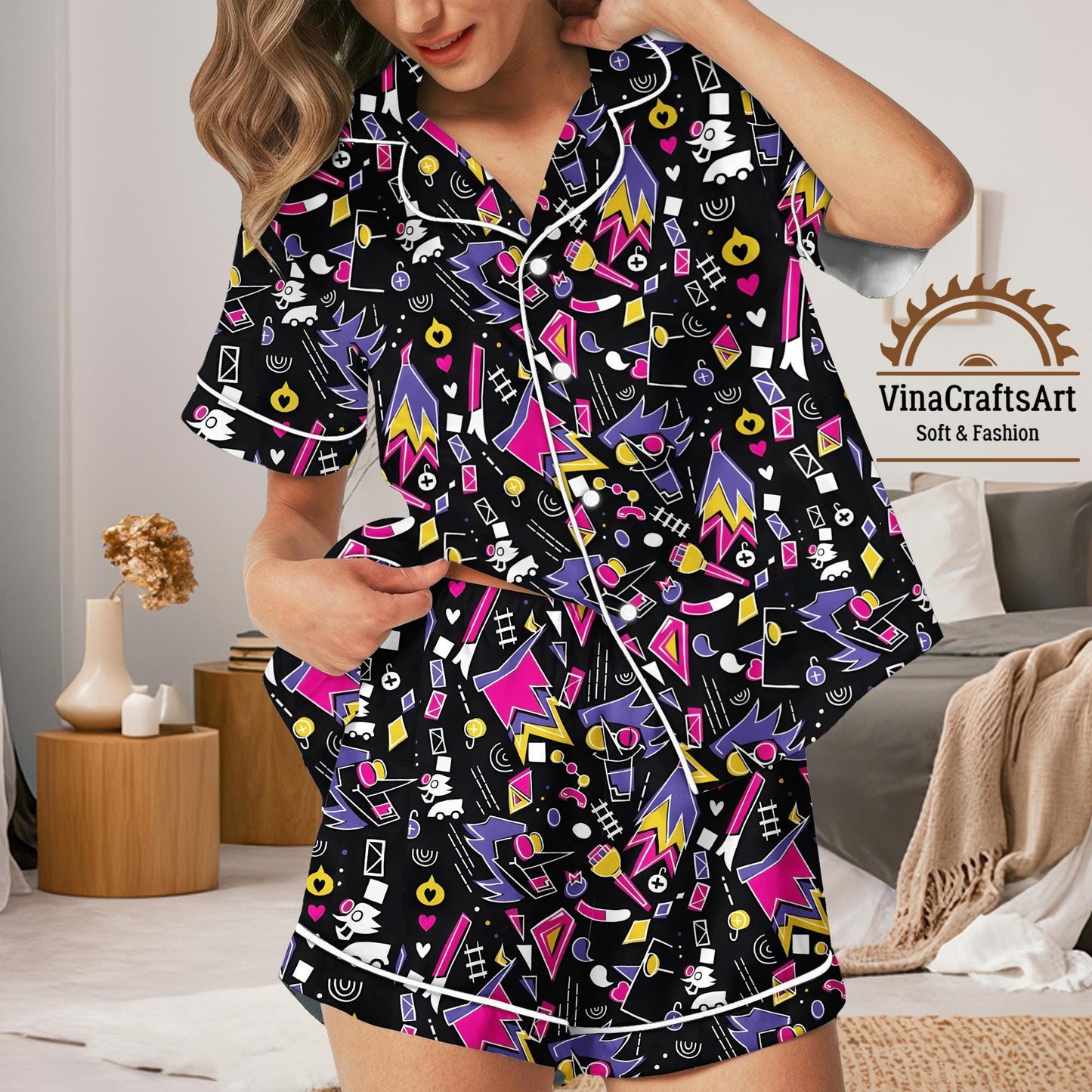 Geometric Pajamas Set for Women, Colorful Retro Pattern Satin Sleepwear, Silky Lounge Set, 80s 90s Vibe Pajamas, Abstract Pattern Pajamas