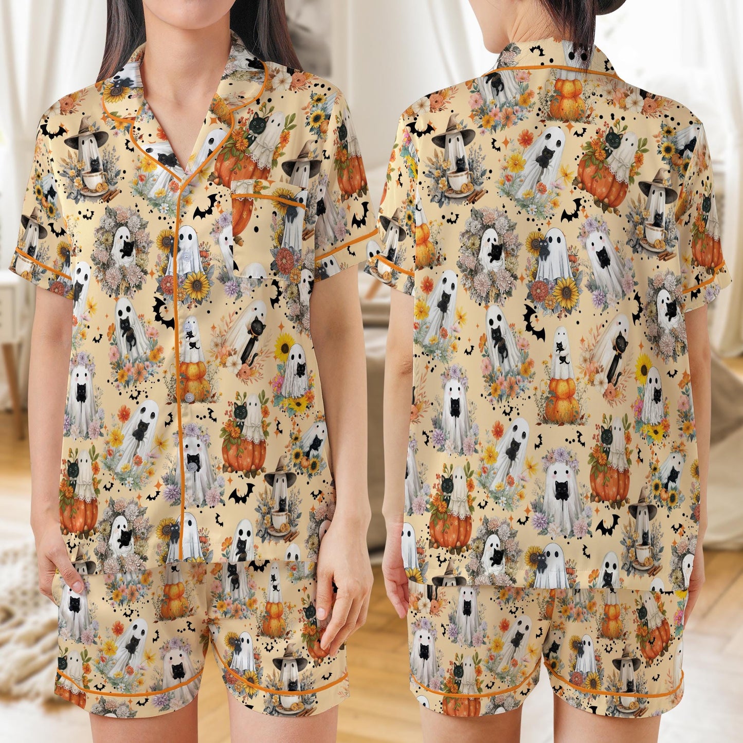 Boo Ghost Cat Halloween Satin Pajama Set, Cute Black Cat Spooky Season Pajamas, Fall Pumpkin Floral Halloween PJs, Cat Mom, Cat Lover Gift