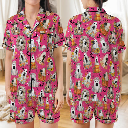 Boo Ghost Cat Halloween Satin Pajama Set, Cute Black Cat Spooky Season Pajamas, Fall Pumpkin Floral Halloween PJs, Cat Mom, Cat Lover Gift