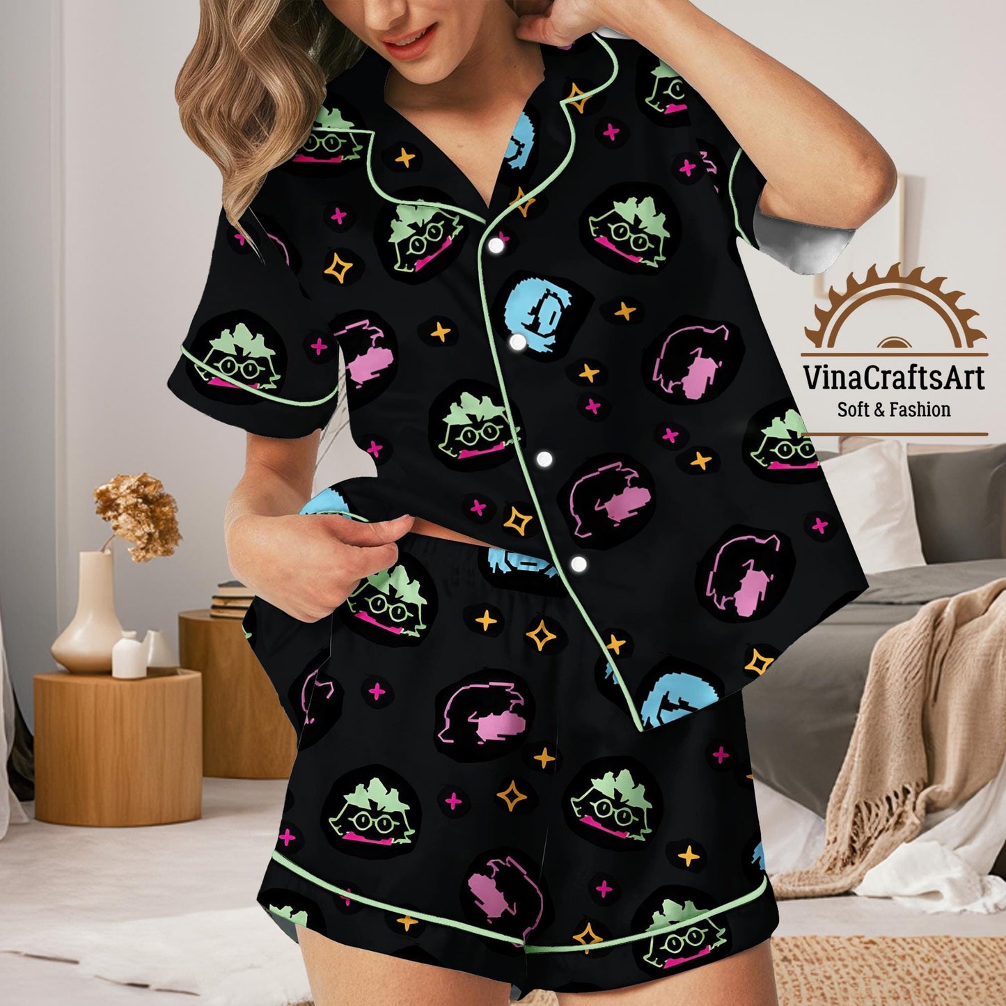 Neon Cartoon Faces Pajamas Set, Colorful Short Sleeve Sleepwear for Women, Cute Lounge Pajamas Gift, Kawaii Lounge