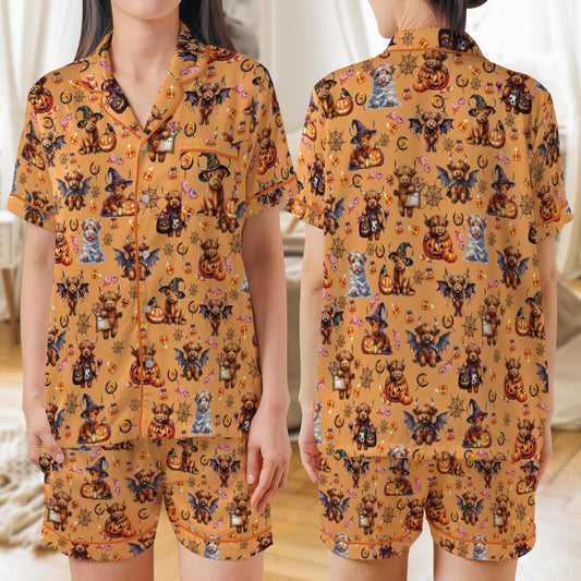 Cute Highland Cow Halloween Satin Pajama Set, Funny Mummy Witch Vampire Cow PJs, Spooky Farm Animal Fall Sleepwear, Moo I Mean Boo Pajamas