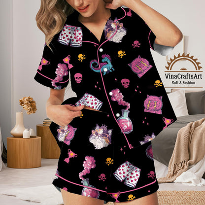 Magic Cat Potion Satin Pajamas Set, Black Short Sleeve Sleepwear with Fantasy Cat, Halloween Magic Cat Pajamas Set, Cat Lover Set
