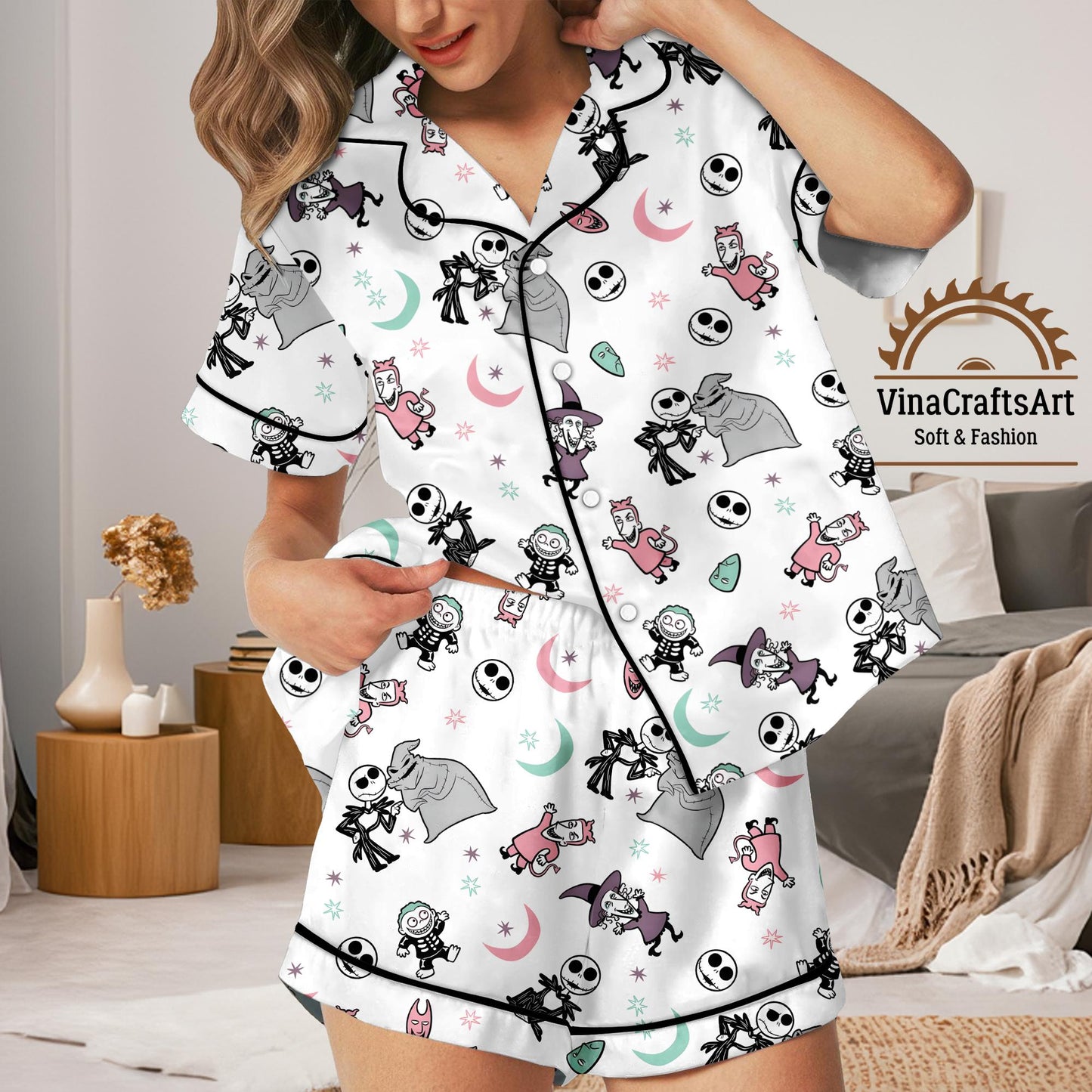 Halloween Cartoon Satin Pajamas Set, White Short Sleeve Sleepwear with Spooky Cute Characters for Women, Goth Skeleton Pajamas Set