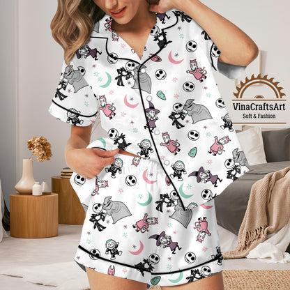 Halloween Cartoon Satin Pajamas Set, White Short Sleeve Sleepwear with Spooky Cute Characters for Women, Goth Skeleton Pajamas Set