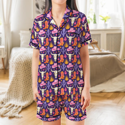 Western Cowgirl Satin Pajama Set, Western Bull Skull Cactus Pajamas, Cowgirl Vibes Sleepwear, Let's Go Girls Pajama Set, Cowgirl Country PJs