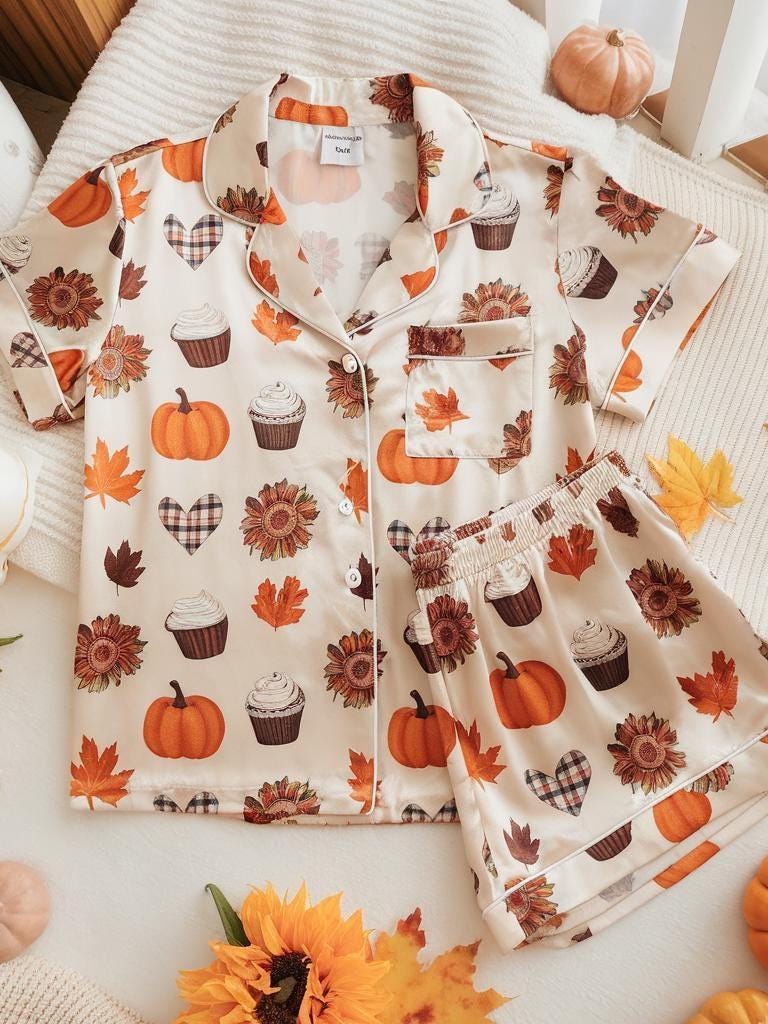 Cozy Fall Aesthetic Satin Pajamas,  Pumpkin Latte Fall Pjs, Cozy Season Pjs, Autumn Pajamas, Fall Pajamas, Pumpkin Pajamas, Family Pyjamas