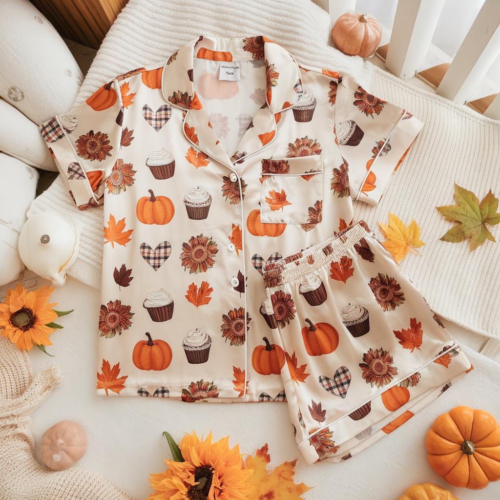 Cozy Fall Aesthetic Satin Pajamas,  Pumpkin Latte Fall Pjs, Cozy Season Pjs, Autumn Pajamas, Fall Pajamas, Pumpkin Pajamas, Family Pyjamas