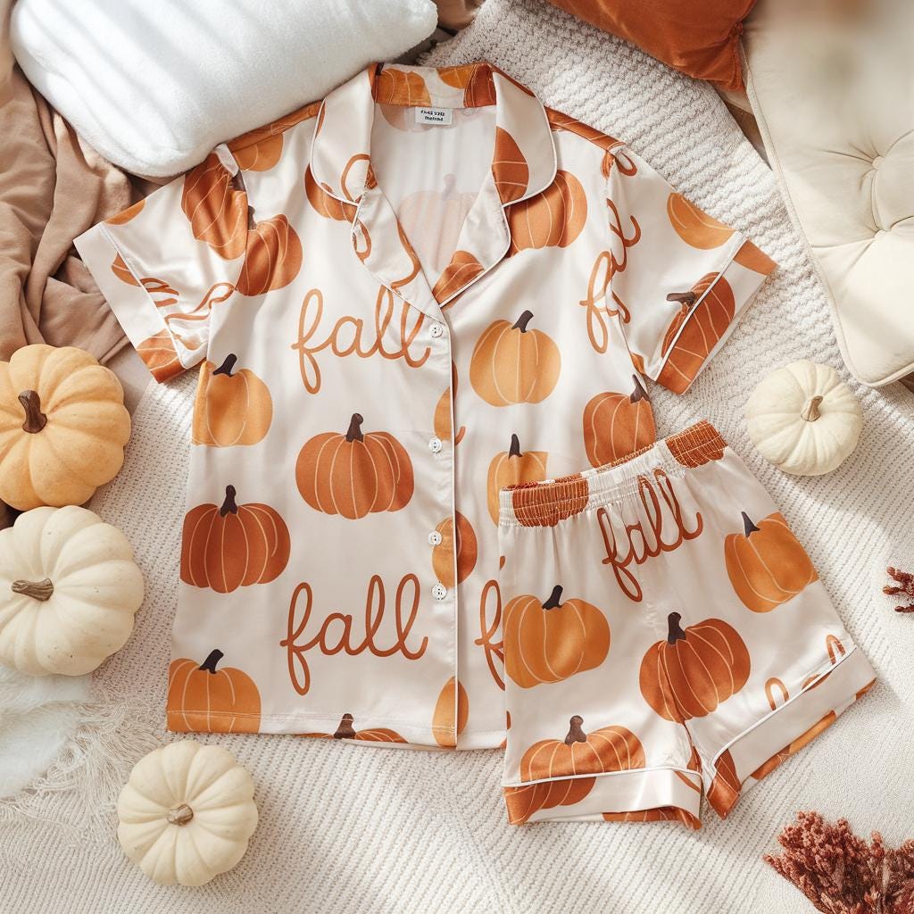 Cozy Fall Aesthetic Satin Pajamas, Boho Autumn Pjs, Cozy Season Pjs, Autumn Pajamas, Fall Pajamas, Fall Pumpkin Pajamas, Family Pyjamas Set