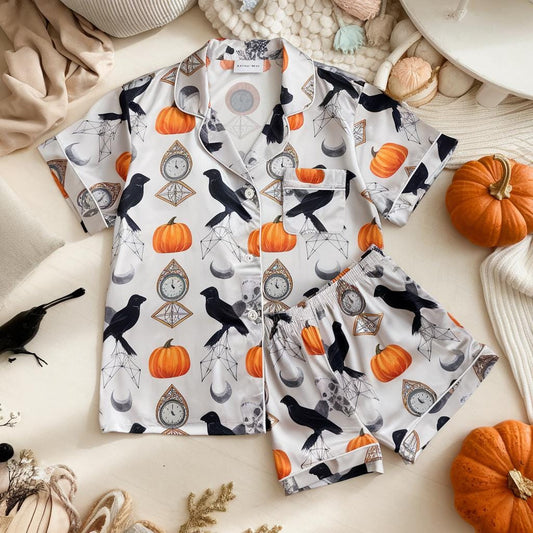 Pumpkins Black Crows Satin Pajamas, Halloween Pajamas Set, Pumpkins Pajamas, Mystical Pajamas, Vintage Pocket Watches Pajama, Family Pyjamas