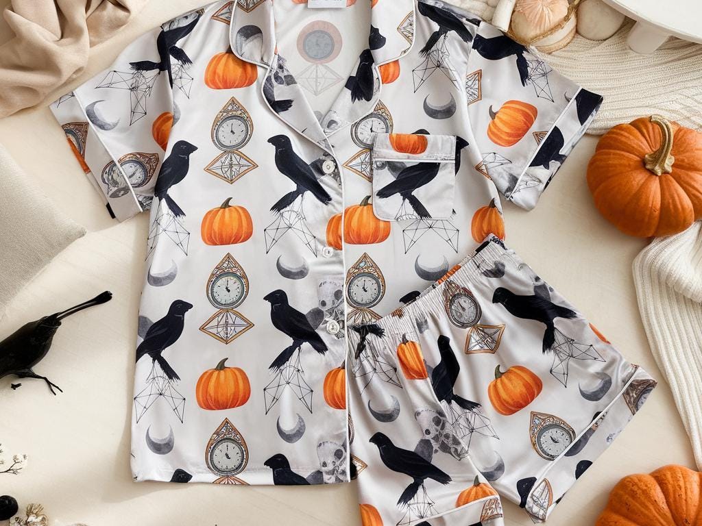 Pumpkins Black Crows Satin Pajamas, Halloween Pajamas Set, Pumpkins Pajamas, Mystical Pajamas, Vintage Pocket Watches Pajama, Family Pyjamas
