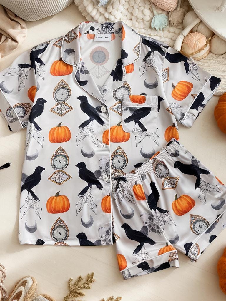 Pumpkins Black Crows Satin Pajamas, Halloween Pajamas Set, Pumpkins Pajamas, Mystical Pajamas, Vintage Pocket Watches Pajama, Family Pyjamas