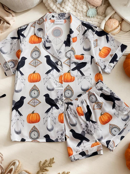 Pumpkins Black Crows Satin Pajamas, Halloween Pajamas Set, Pumpkins Pajamas, Mystical Pajamas, Vintage Pocket Watches Pajama, Family Pyjamas