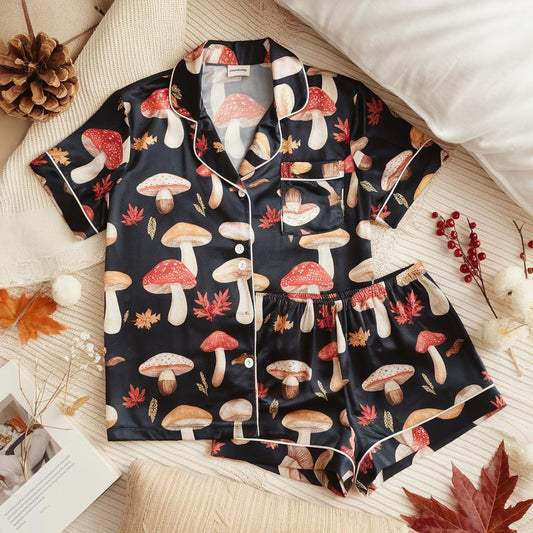 Colorful Mushroom Satin Pajamas Set, Halloween Pajamas Set, Fall Autumn Pajamas, Mystical Pajamas, Cozy Fall Pajamas Set, Family Pajamas Set