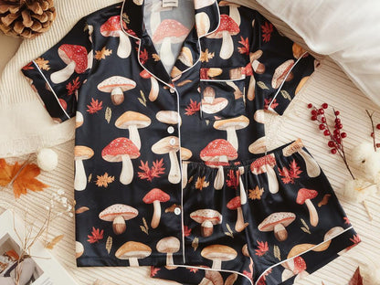 Colorful Mushroom Satin Pajamas Set, Halloween Pajamas Set, Fall Autumn Pajamas, Mystical Pajamas, Cozy Fall Pajamas Set, Family Pajamas Set